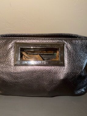 MICHAEL Michael Kors Metallic Pewter Pebbled Leather Clutch